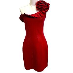 St. John Evening Red Paillette Sequin One Shoulder Dress with Large Rosette